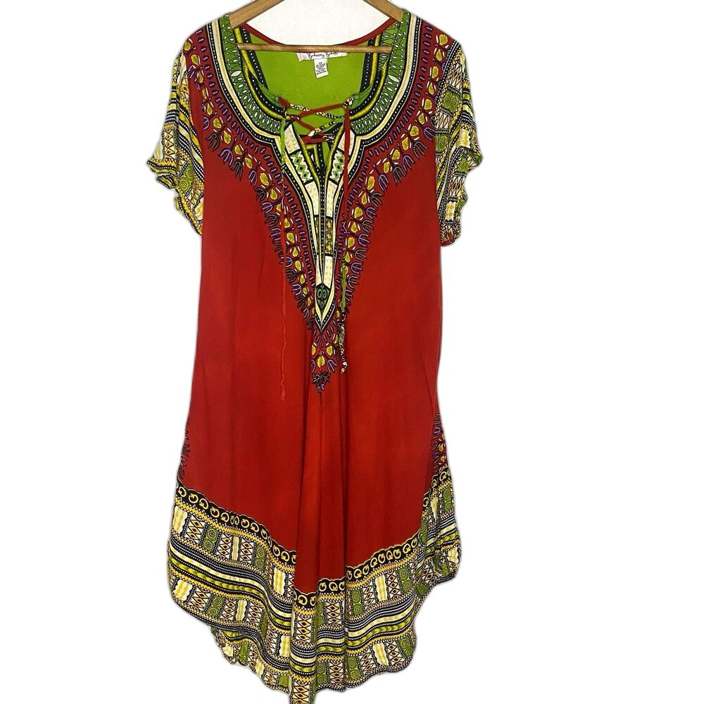 PRETTY PINK Midi Dress Tribal Print Lace Up V-neck Beach Coverup Womens 3X Red